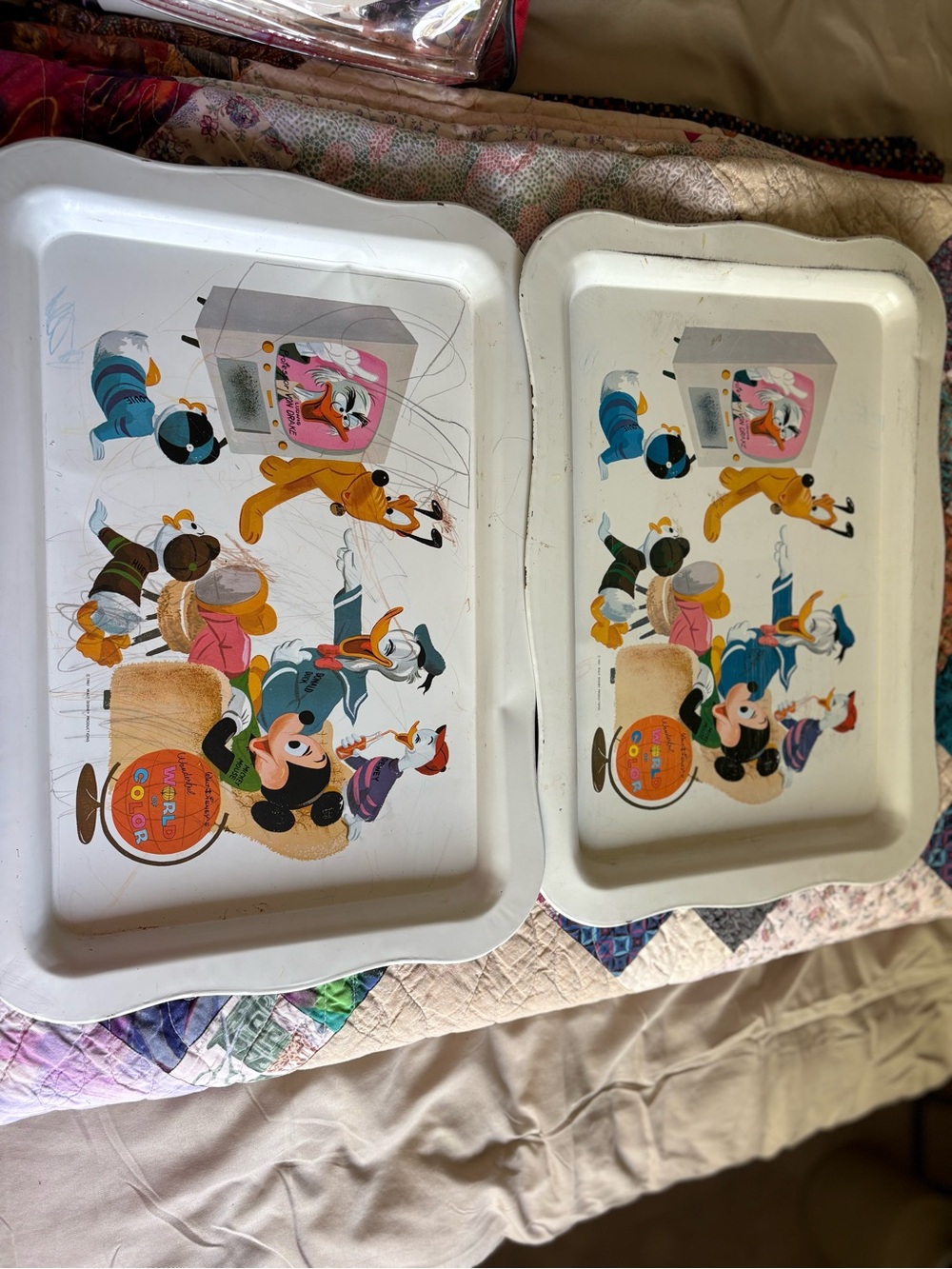 Vintage Mickey Mouse Cartoon Metal Serving Trays - White 1961